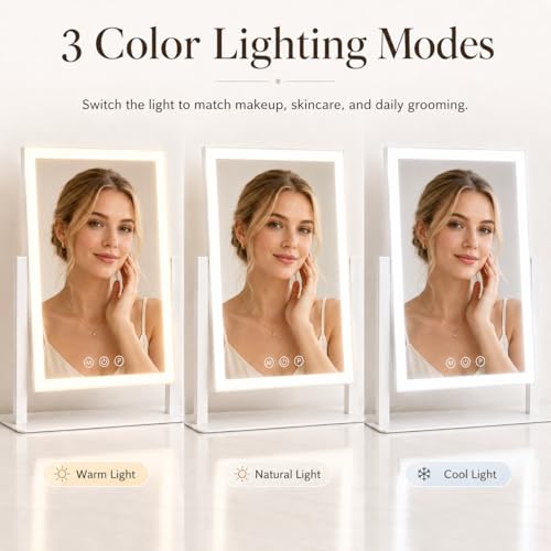 Lighted Makeup Vanity Mirror with Lights - 16x13 White with Three Color Modes and 360° Rotation