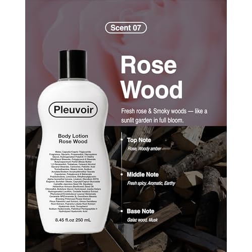 Pleuvoir Rose Wood Perfume Body Lotion - Non-Greasy, Fast-Absorbing, French MANE (Rose, Vetiver & Musk), Moisturizing with Shea Butter, 3-Hyaluronic Acid, Woody Floral, Vegan K-Beauty 8.45 fl.oz