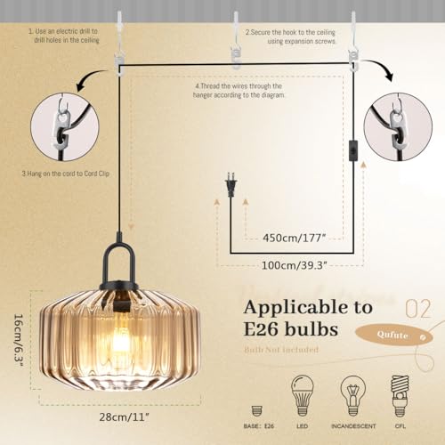 Amber Glass Plug-in Pendant Light with 14.7ft Cord & On/Off Switch - Modern Hanging Lamp for Living Room & Kitchen