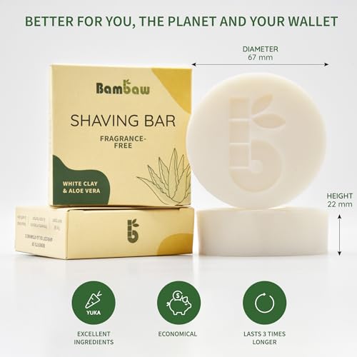 Bambaw | Shaving Soap Bar | 2.8 oz | Organic White Clay & Aloe Vera Shaving Bar | Shaving Soap Puck Sensitive Skin | Natural Shaving Soap | Vegan Shave Bar | Shaving Soap Unscented