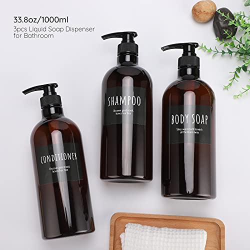 Dark Amber 32oz Shampoo & Conditioner Dispenser Set with Pump - 3 Pack Refillable Bottles