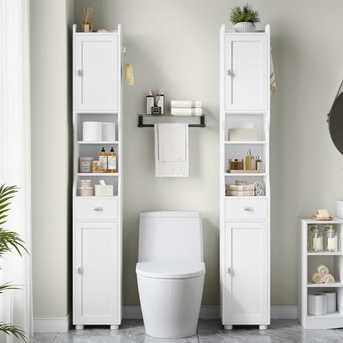 Tall Bathroom Storage Cabinet - White, 11 x 11 x 70.9 Inches, Narrow Floor Cabinet with Doors & Drawer