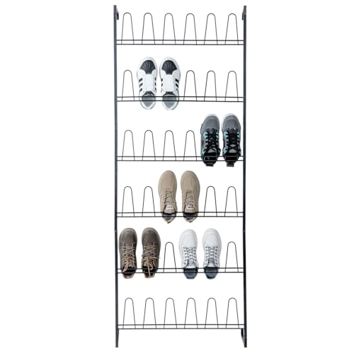 Black Wall Mounted Shoe Rack with 36 Hooks - 70 Inch, 6 Tier