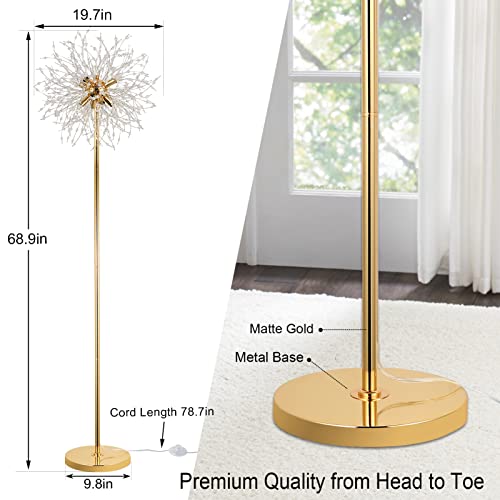 Gold Crystal Floor Lamp - 69 Inch Modern Standing Lamp with K9 Crystals & Foot Switch