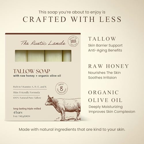 THE RUSTIC LANDS Natural Tallow Soap Bars Set of 4 - Grass Fed Beef Tallow with Raw Honey & Olive Oil - Made in the USA Soap for Sensitive Skin, Moisturizing Bath & Body, 5oz Each