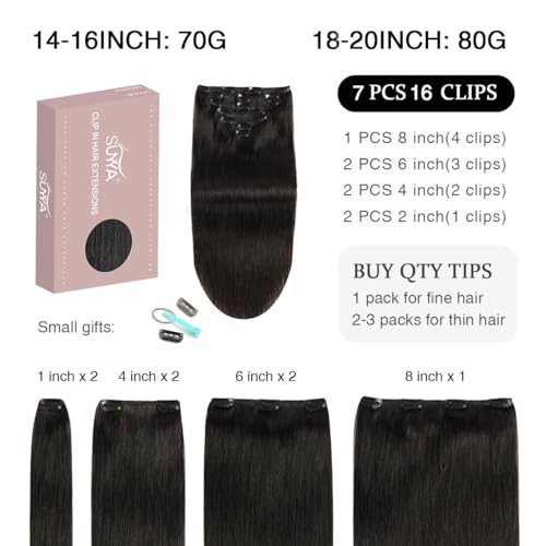 SUYYA Clip-In Human Hair Extensions 16 Inch Off Black #1B, 70G, Tangle-Free