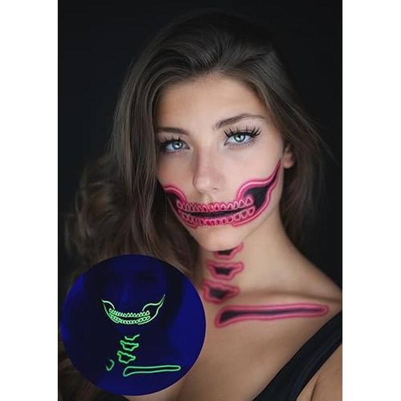 2 x Neon Skull Face Pink Temporary Tattoo, Halloween Costume for Women and Men, Adult, Glow in the Dark