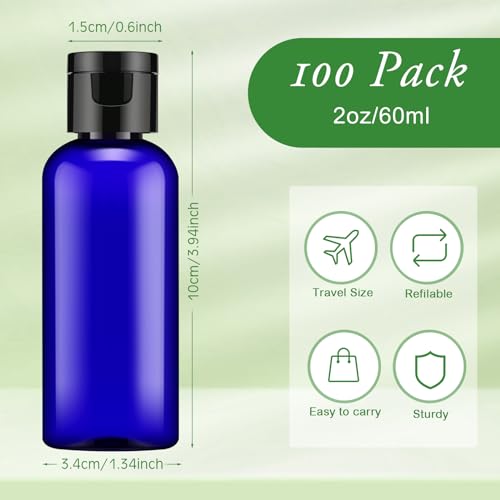 100 Pack 2 oz Travel Plastic Lotion Bottles with Flip Caps - Blue