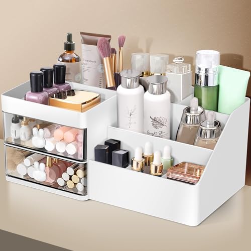 Makeup Organizer with Drawers for Vanity, Cosmetic Storage Box - White-Clear