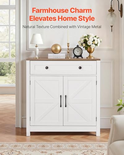 Farmhouse Buffet Cabinet with 2 Doors - White Sideboard with Adjustable Shelves and Drawer, 30" Coffee Bar Station