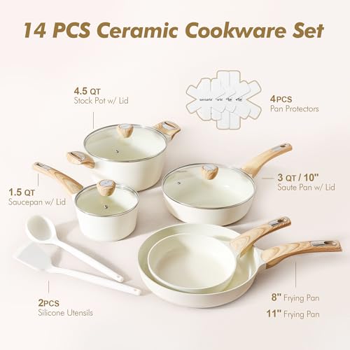 SENSARTE Granite Ceramic Non-Stick Cookware Set - White, 14 Pieces, Induction Compatible
