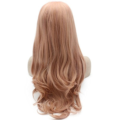 24-Inch Long Wavy Synthetic Lace Front Wig - Natural Hand Tied Rose Pink & Black Green Mix