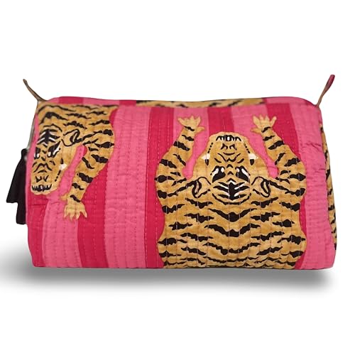 Pink Tiger Block Print Makeup Bag & Toiletry Pouch – Quilted Cotton Travel Organizer for Women