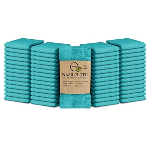 Softolle 100% Cotton Washcloths 60 Pack (12x12 Inches) Soft, Highly Absorbent Washcloth, Face Towels, Wash Cloths for Face, Ring Spun, Bulk Pack (Turquoise)