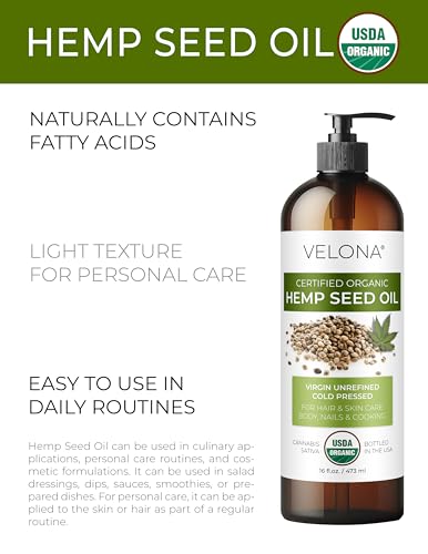 Velona USDA Organic Hemp Seed Oil - 32 Fl Oz Cold Pressed with Pump - Organic Hemp Oil