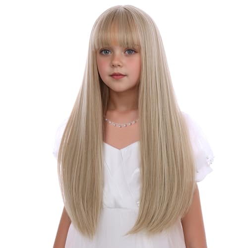 Kids Long Ash Blonde Straight Wig - 21-Inch Costume Hair with Adjustable Cap