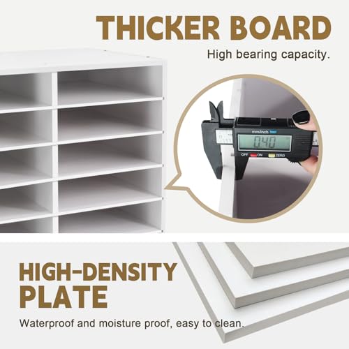 Desk Paper Storage Organizer with 12 Adjustable Compartments - Office & Classroom Literature Sorter, White