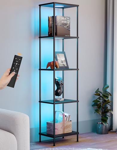 Black Display Shelf Floor Lamp with RGBW Color Changing Light and Shelves