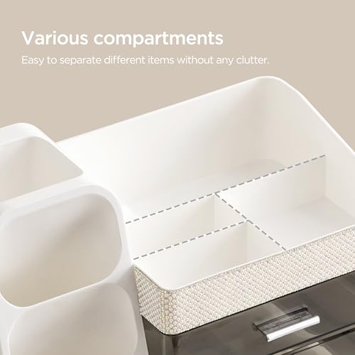 HBlife Makeup Organizer with Brush Holder for Vanity, Large Plastic Bathroom Countertop Organizer Skin Care Storage, Easy to Store Lipsticks, Nail Polishes, Perfumes, Eyeshadow Palettes, Pearl White