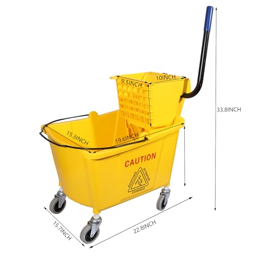 Commercial Mop Bucket with Side Press Wringer on Wheels - 35 Qt Heavy-Duty Floor Cleaning