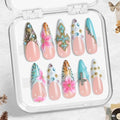 Luxury Handmade Press-On Nails with 3D Flowers Gold Accents Ombre Blue-Peach Design