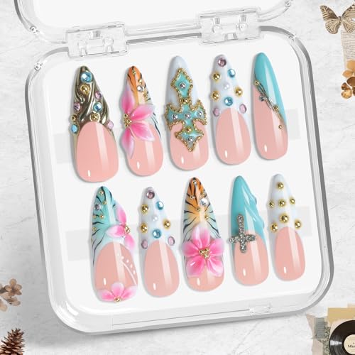 Luxury Handmade Press-On Nails with 3D Flowers Gold Accents Ombre Blue-Peach Design