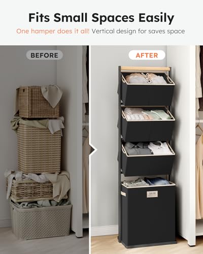 SOLEDI 4-Tier Vertical Laundry Hamper Sorter for Small Spaces - Black