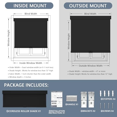 Cordless Blackout Roller Shades - 46 x 72 Inches, Black, Child Safe