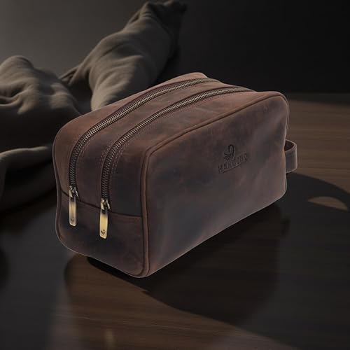 Steve Leather Toiletry Travel Pouch With Waterproof Linning, (DARK BROWN)