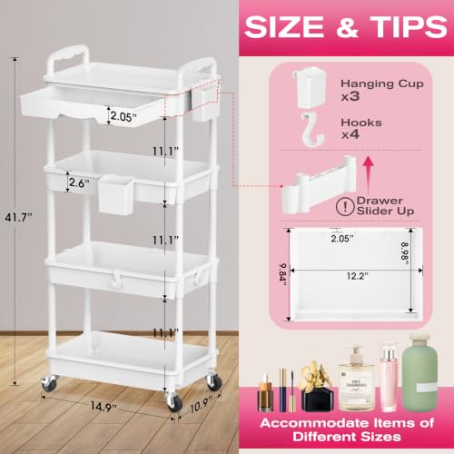 4-Tier White Rolling Makeup Organizer Cart with Removable Drawer - Goovilla