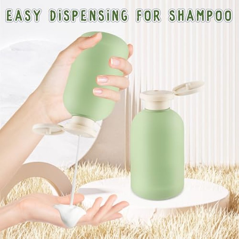6 Pack 6.7 oz/200ml Plastic Travel Shampoo Bottle,Empty Refillable Squeeze Bottles with Flip Cap,Lotion Container for Cream,Toiletries,Conditioner-Free Silicone Funnel (Green)