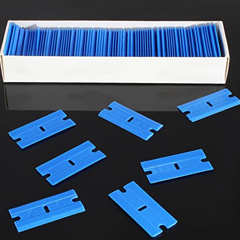 200 Pcs Plastic Razor Blades Plastic Scraper Blades Double Edge Razor Blade for Removing Labels Stickers Gasket Decals on Glass Car Window - Blue