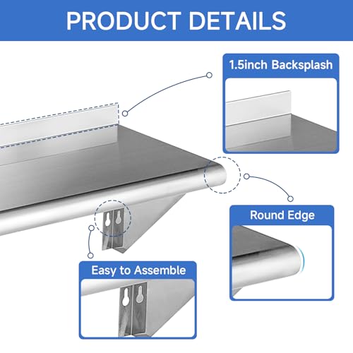 Stainless Steel Wall Mount Shelf Set 12x48 Inches 350lb Capacity - 2 Pack NSF Commercial Kitchen & Home Storage