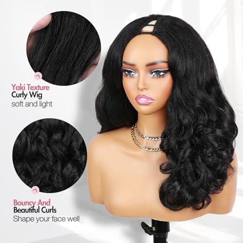 Black 16 Inch Yaki Curly Synthetic Wig for Black Women No Leave Out Clip-In Half Wig