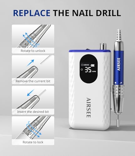 AIRSEE Professional Rechargeable Cordless Nail Drill G7 Blue - High-Speed Manicure Tool