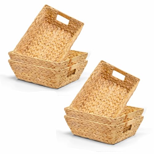 Natural Water Hyacinth Trapezoid Wicker Storage Baskets - 14 Inch, Medium, 6 Pack