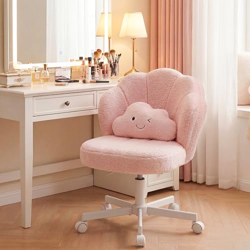 COMHOMA Pink Petal Vanity Chair with Wheels – Adjustable Teddy Fleece Desk Chair