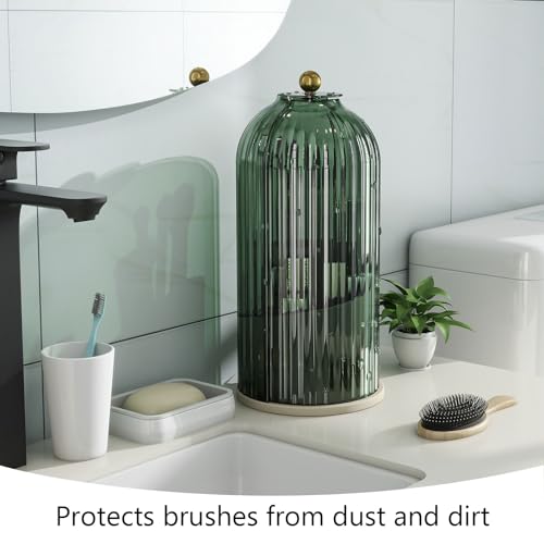 Makeup Brush Holder with Dustproof Cover 360 Rotating Makeup Brush Organizer for Vanity Bathroom, Green