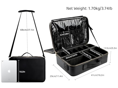 Large Capacity Travel Makeup Case - Black Portable Organizer with Adjustable Dividers and Shoulder Strap