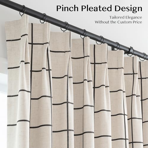 Black Pinch Pleated Curtains - Buffalo Plaid Linen Drapes, Thermal Insulated, 40W x 84L, 2 Panels Set