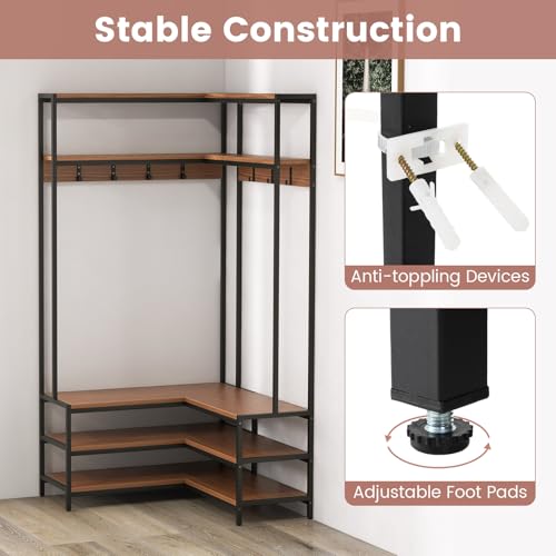 GIANTEX Walnut & Black Corner Coat Rack with Bench & Shoe Storage - L-Shaped Hall Tree