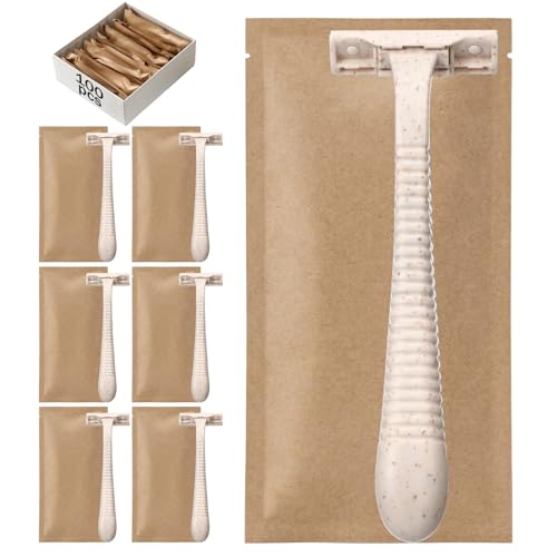 LemonRoad 100 Pcs Individually Wrapped Disposable Razors Bulk for Women Men Biodegradable Portable Twin Blade Shaving Razor Wheat Straw Shavers for Hotel Homeless Shelter Charity Camping Travel