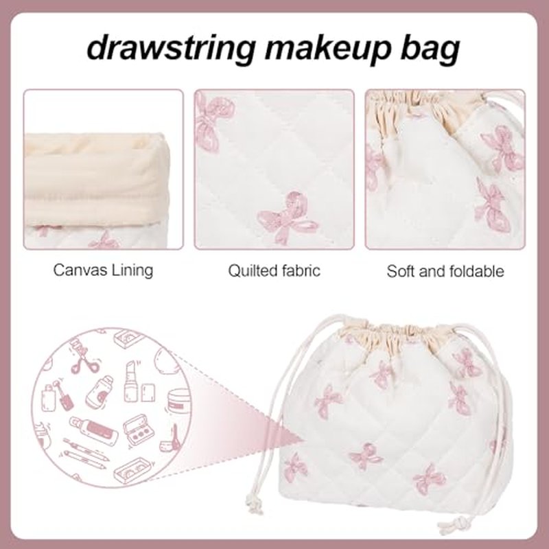 Drawstring Quilted Makeup Bag, Cosmetic Pouch, Coquette Cute Organizer, Small Make up Bag for Purse, Women's Portable Travel Cosmetic Bag