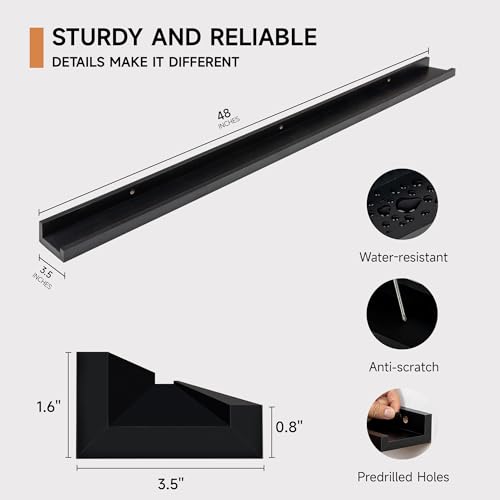 Floating Picture Ledge Shelf Set of 4 - 48 Inch Wall Mount Book & Photo Display, Black Variation of THIS listing