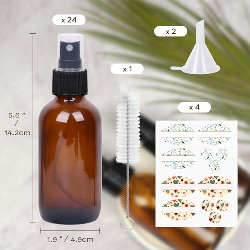 EkkoVla 24 Pack 4 oz Amber Spray Bottles with Fine Mist Sprayer, 120 ml Glass Travel Bottles for Cosmetic Essential Oils Cleaning Solutions Perfumes and Liquids