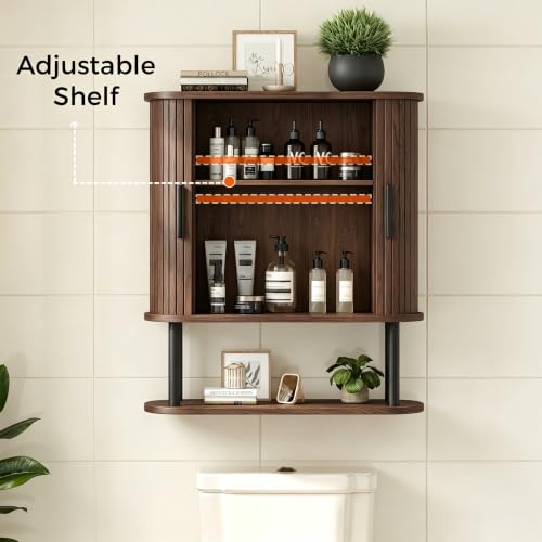 Walnut Fluted Bathroom Wall Cabinet with Tambour Sliding Door - 9.8"D x 23.6"W x 26.3"H - Modern Space Saver