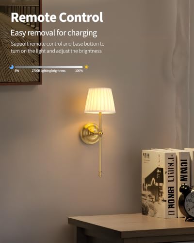 Gold Cordless Wall Sconce Set of 2 with Beige Fabric Shades - Dimmable LED Wall Lamps with Remote Control