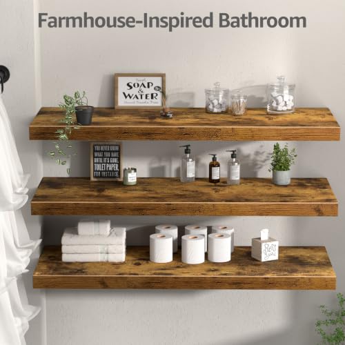 Deep Floating Wall Shelves Set of 3 - 12-Inch Depth, Brown, 35.4 x 12 Inches - Farmhouse Style Variation A