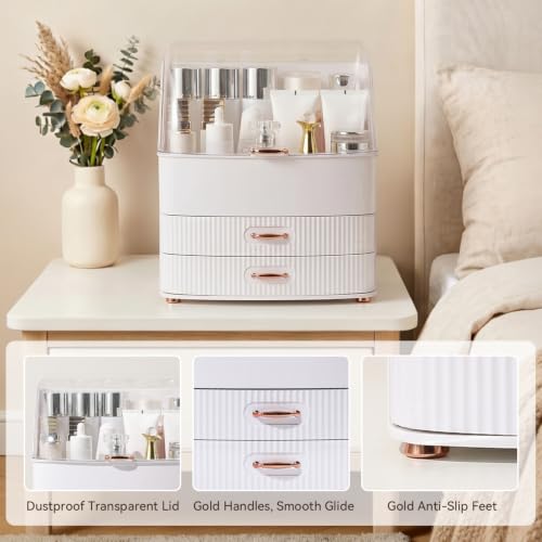 Makeup Organizer Countertop with Lid and 2 Drawers - White, Large Capacity