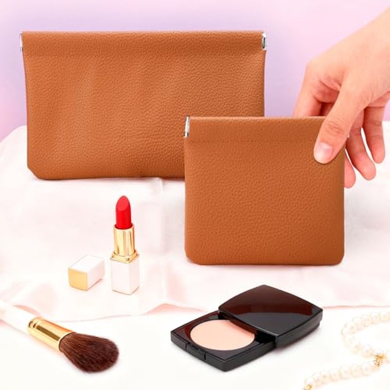 2 PCS Small Makeup Bag for Purse,Premium Small Makeup Pouch Purse,Mini Cosmetic Bag for Travel,Portable Travel Pouch with Quick Access Design,Neutral,elegant and stylish (Brown)